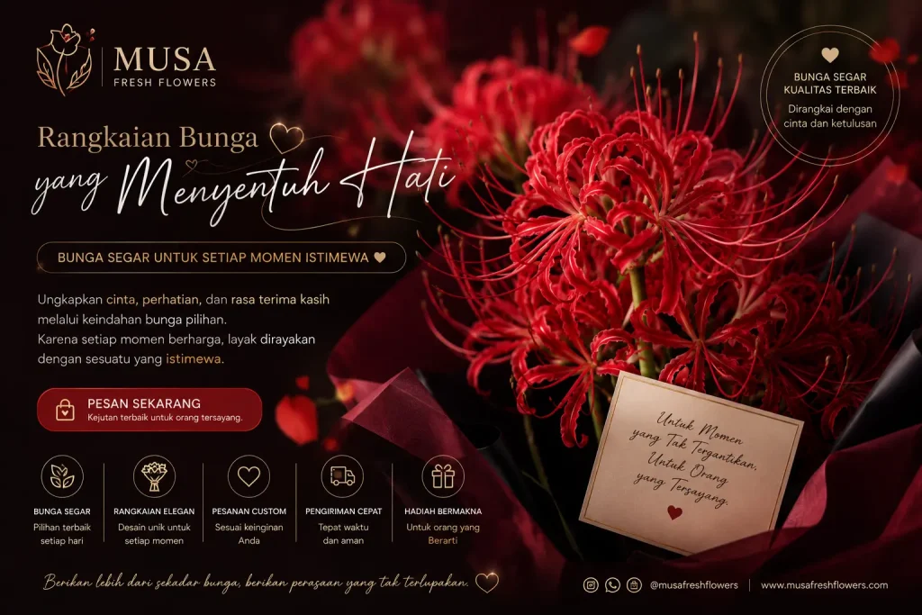 Musa Fresh Flowers menampilkan rangkaian bunga spider lily merah elegan dengan nuansa mewah dan romantis untuk hadiah serta momen spesial.